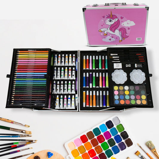 17980 Professional Art Set-Drawing Painting Sketching Coloring Kids Set All in 1 Art Case Perfect for Kids with Unicorn Design Case, Shading Crayons Oil Pastels Color Set Watercolor Cakes Paint Brush Sharpener Eraser (145 Pcs Set)