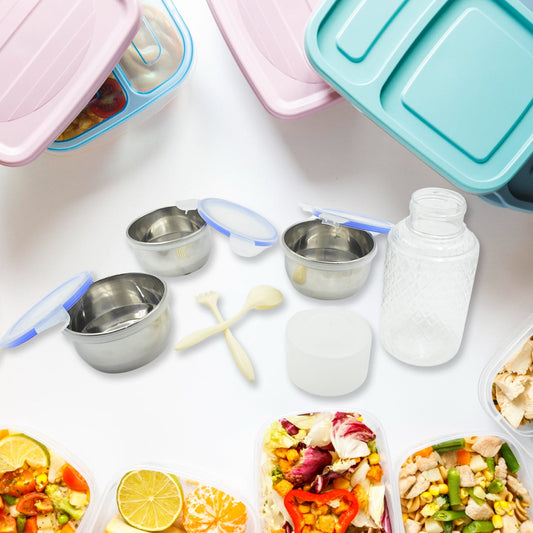 6In1 Tiffin Box-Lunch Box | 3 Stainless Steel Containers | Plastic lid Box | Spoon & Fork /Plastic Bottle | Insulated Fabric Bag | Leak Proof | Microwave Safe for Office, College and School for Men, Women (6 pcs)