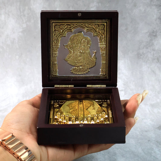 Golden Charan Paduka in Wooden Box – Spiritual Gift & Pooja Accessory