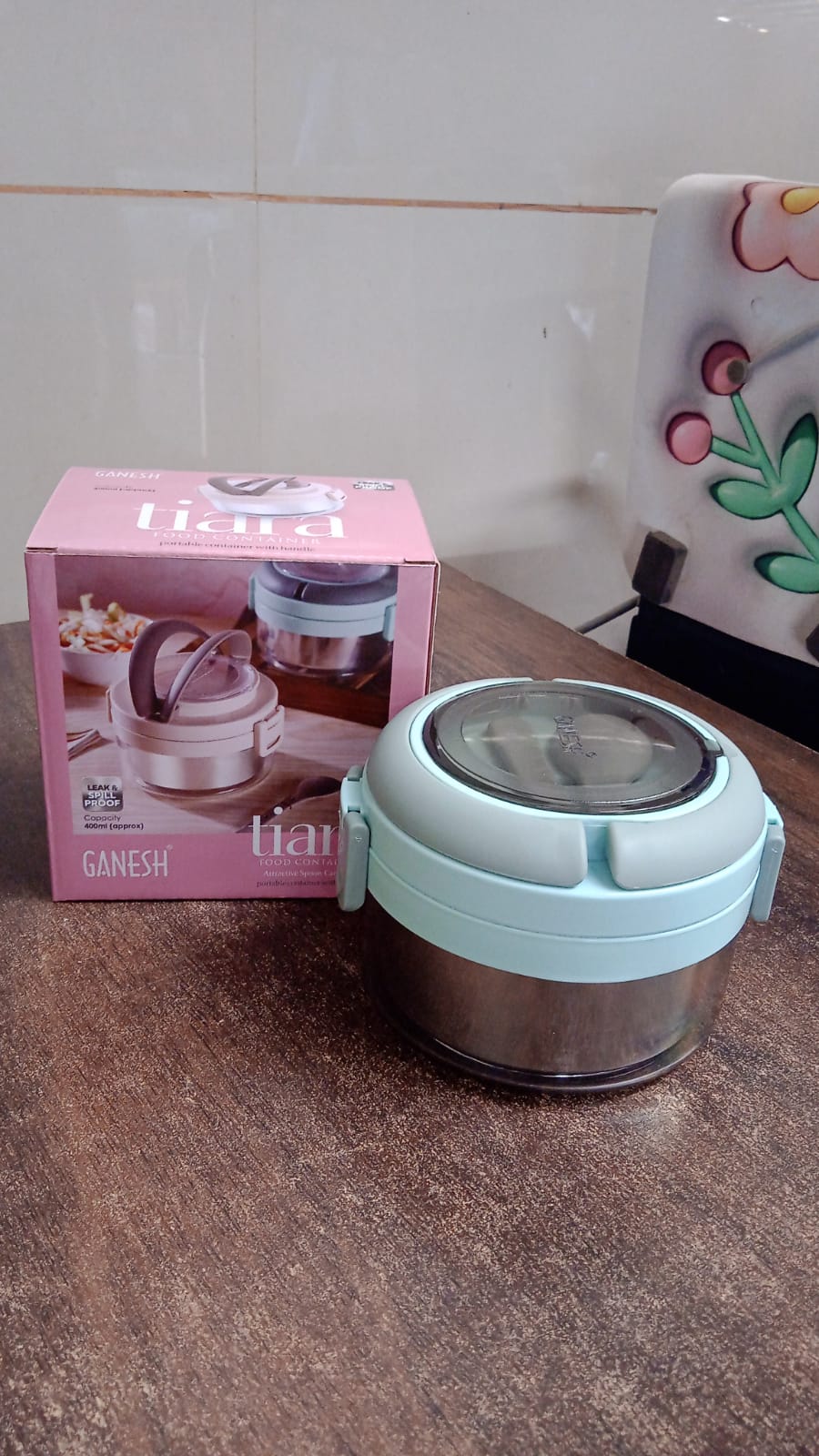 Ganesh Tiara 400ml Stainless Steel Insulated Lunch Box with Leakproof Lid & Folding Spoon