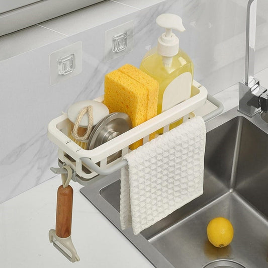8788 Multipurpose Platic Hanging Drain Rack Retractable Sponge Storage Hanging Rack With Adhesive Hook for Kitchen and Bathroom Dishcloth Holders Basket Drying Tray Organizer - deal99.in
