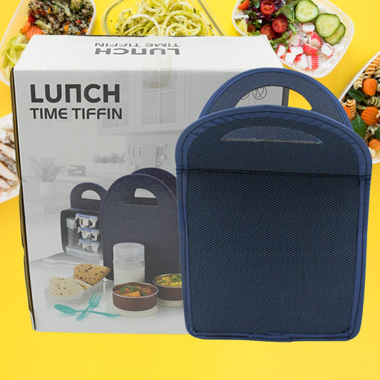 5773 6In1 Tiffin Box-Lunch Box | 3 Stainless Steel Containers | Plastic lid Box | Spoon & Fork /Plastic Bottle | Insulated Fabric Bag | Leak Proof | Microwave Safe  for Office, College and School for Men, Women (6 pcs) - deal99.in