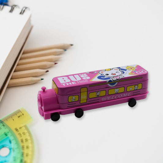 4672  Double Decker Magic Bus Compass 2 Layer Metal Bus Compass Pencil Case with Movable Wheels & Sharpener Bus Shape with Tiers Metal Pencil Box for Kids Birthday Party