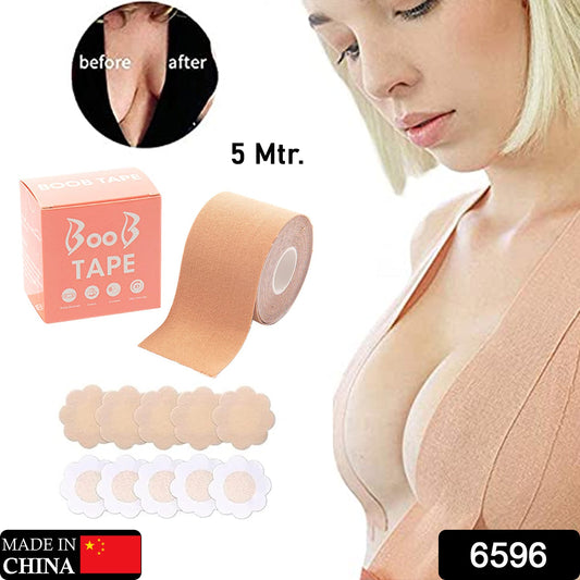 6596 Boob Tape with 10 Pairs Nipple Cover Cotton Wide Thin Breast Tape - Women's & Girl's Breast Lift Booby Tape - Push Up & Lifting Tape - Suitable for All Breast Types - Breast Lift Bra Tape - Bob Tape for Natural Breast Lift (1 Pc 5 Meters) - deal99.in
