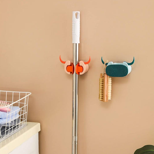 4318 Multifunctional Cartoon Sticky Punch Free Mop Holder Wall Mounted Broom Organizer Cleaning Tools Holder Hanger, Self Adhesive Cute Cow Head Suction Cup Hanging Hook for Bathroom Kitchen (1 Pc) - deal99.in