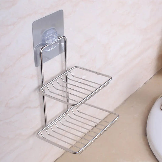 1756 Kitchen, Bathroom Stainless Steel Wall Mounted Double Layer Self Adhesive Magic Sticker Soap Dish Holder Wall Hanging Soap Storage Rack  used in all kinds of places household and bathroom purposes for holding soaps.