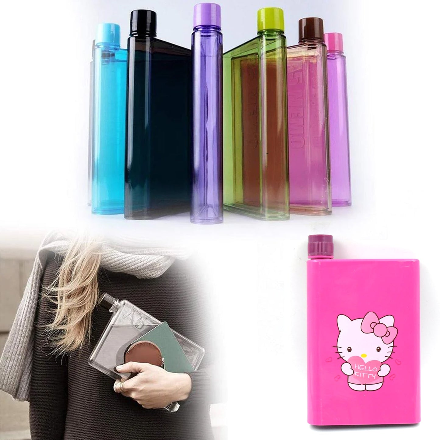 0147 Kitchen Storage A5 size Flat Portable NoteBook Shape Water Bottle With a Cartoon Character Design-Hello Kitty - For School Outdoors and Sports Return Gift/Birthday Gift (1 Pc 420ML)