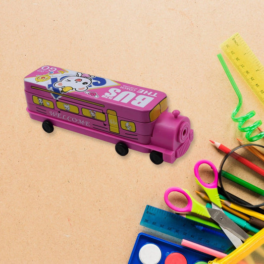 4672 Double Decker Magic Bus Compass 2 Layer Metal Bus Compass Pencil Case with Movable Wheels & Sharpener Bus Shape with Tiers Metal Pencil Box for Kids Birthday Party