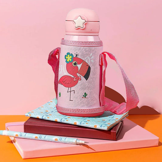 Love Baby Cute Animals Prints Kids Bottle Sipper for HOT N Cold Water, Milk, Juice with Bottle Cover, Cup, Zip Pocket & Straw to Keep Things Orange Green Pink Colors for Outdoor/ Office/Gym/School (600 ML) - deal99.in