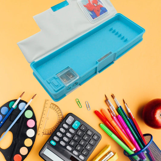 4260 Art & Stationery Cartoon Multi-functional Geometry Box for Boys with Inbuilt Calculator, 2 Sides Open and Double Sharpener Stationery Kit Pencil Box for Boys Art Plastic Pencil Box for Girls and Boys - deal99.in