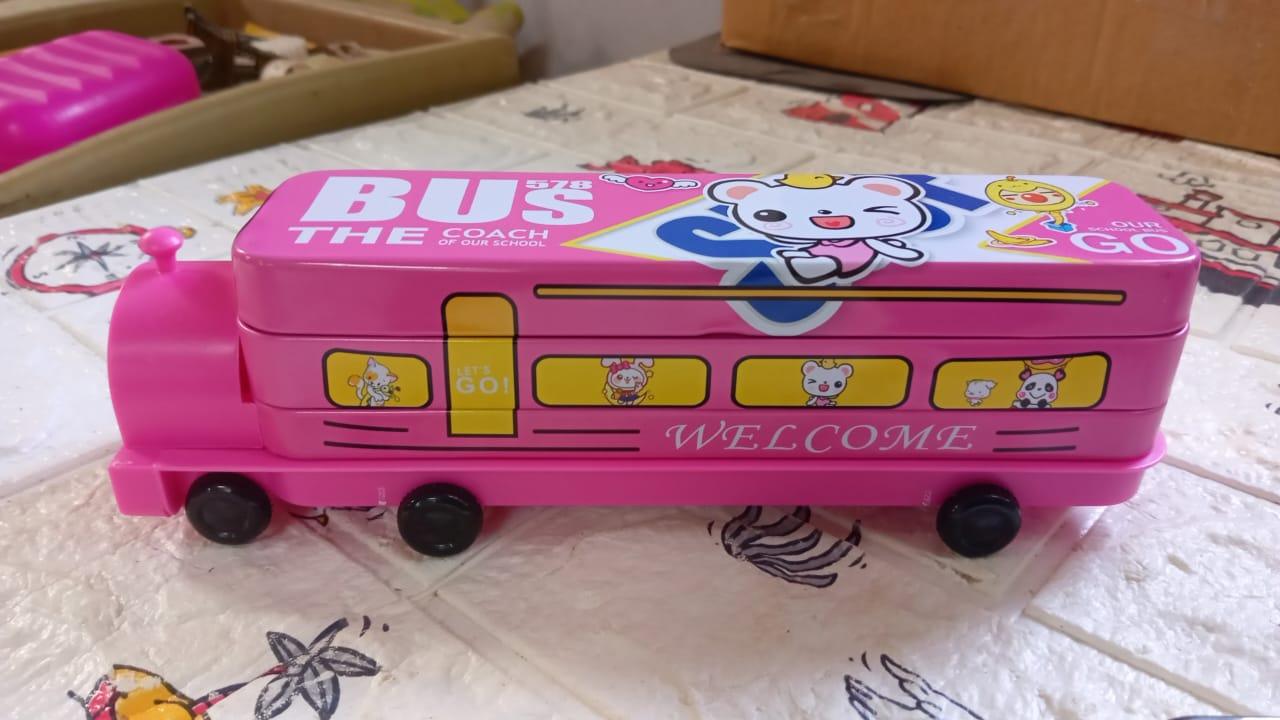 4672 Double Decker Magic Bus Compass 2 Layer Metal Bus Compass Pencil Case with Movable Wheels & Sharpener Bus Shape with Tiers Metal Pencil Box for Kids Birthday Party