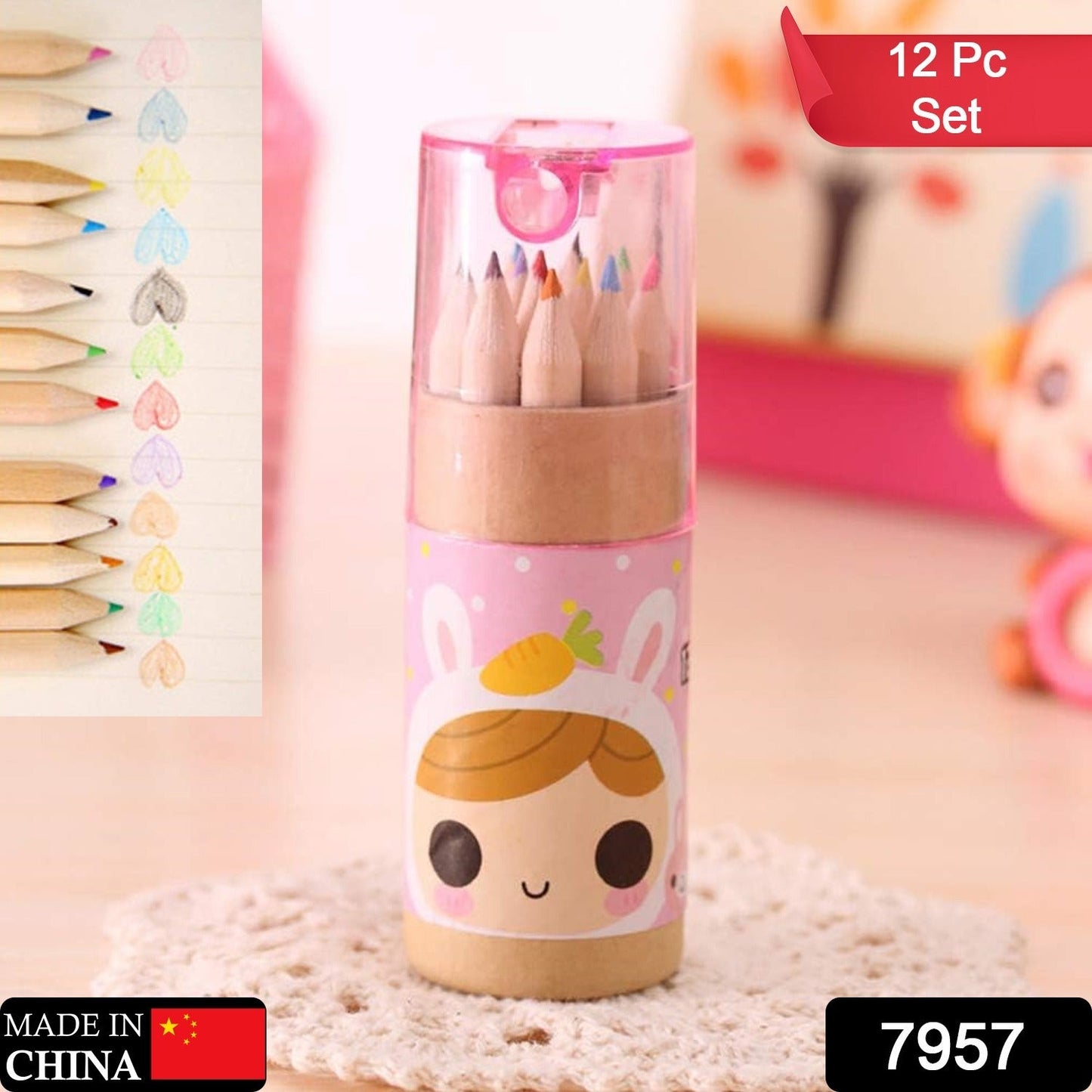 7957 12 Colouring Pencils Kids Set, Pencils Sharpener, Mini Drawing Colored Pencils with Sharpener, Kawaii Manual Pencil Cutter, Coloring Pencil Accessory School Supplies for Kid Artists Writing Sketching