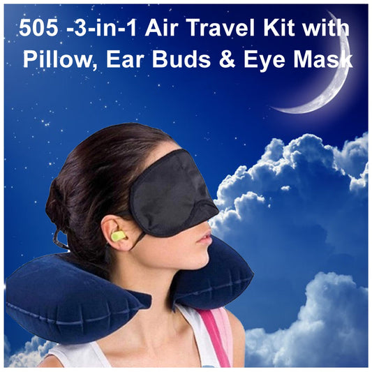 505 -3-in-1 Air Travel Kit with Pillow, Ear Buds & Eye Mask Go5 Incorporation WITH BZ LOGO