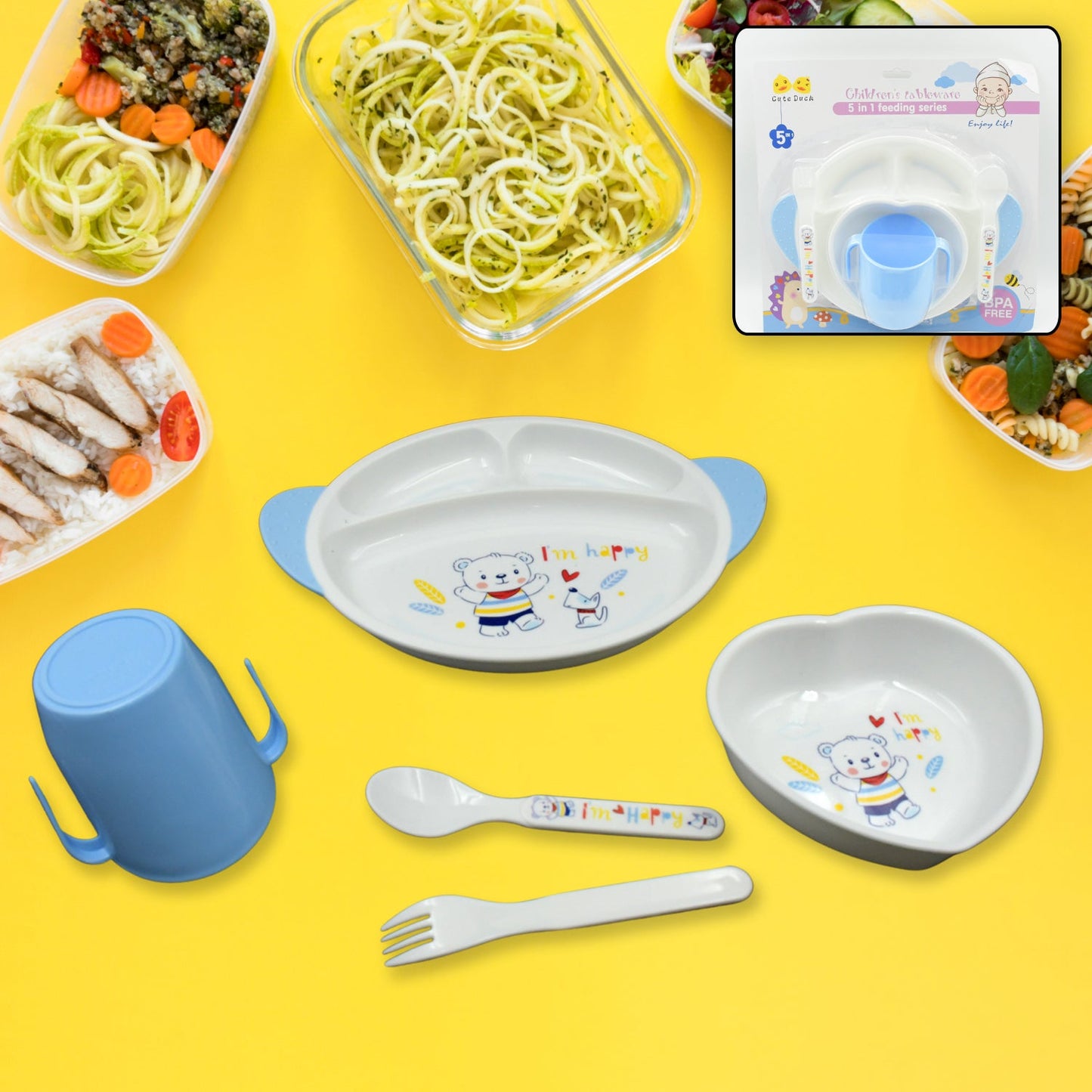 5in1 Baby Feeding Set for Kids and Toddlers,Children Children Dinnerware Set - Feeding Set for Kids, Cartoon Design Plate, Cup, Spoon, Fork  Tableware Cutlery for Kids Microwave & Dishwasher Safe (5 Pcs Set)