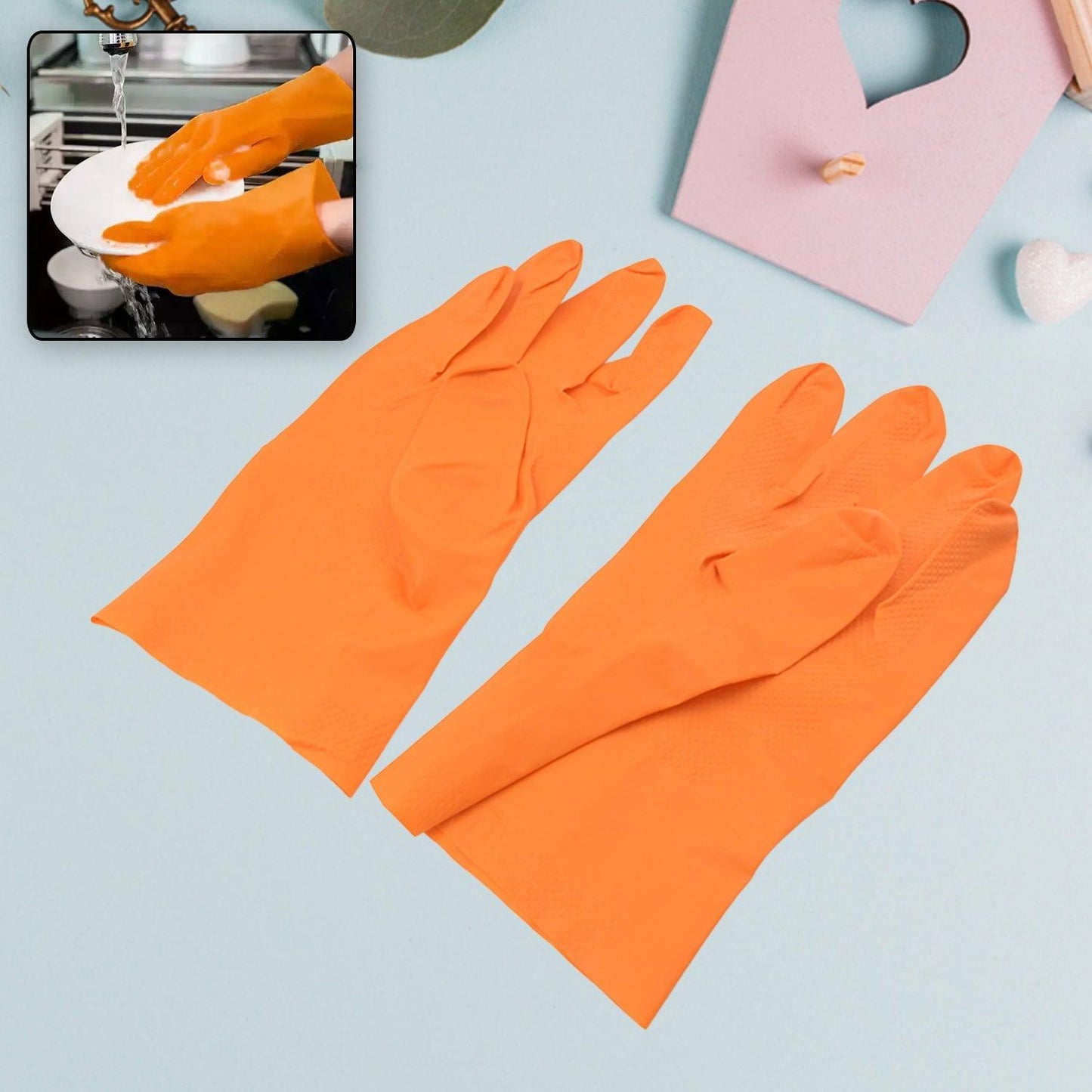 0621 Multipurpose Rubber Reusable Cleaning Gloves, Reusable Rubber Hand Gloves I Latex Safety Gloves I for Washing I Cleaning Kitchen I Gardening I Sanitation I Wet and Dry Use Orange Gloves (1 Pair 40 Gm)