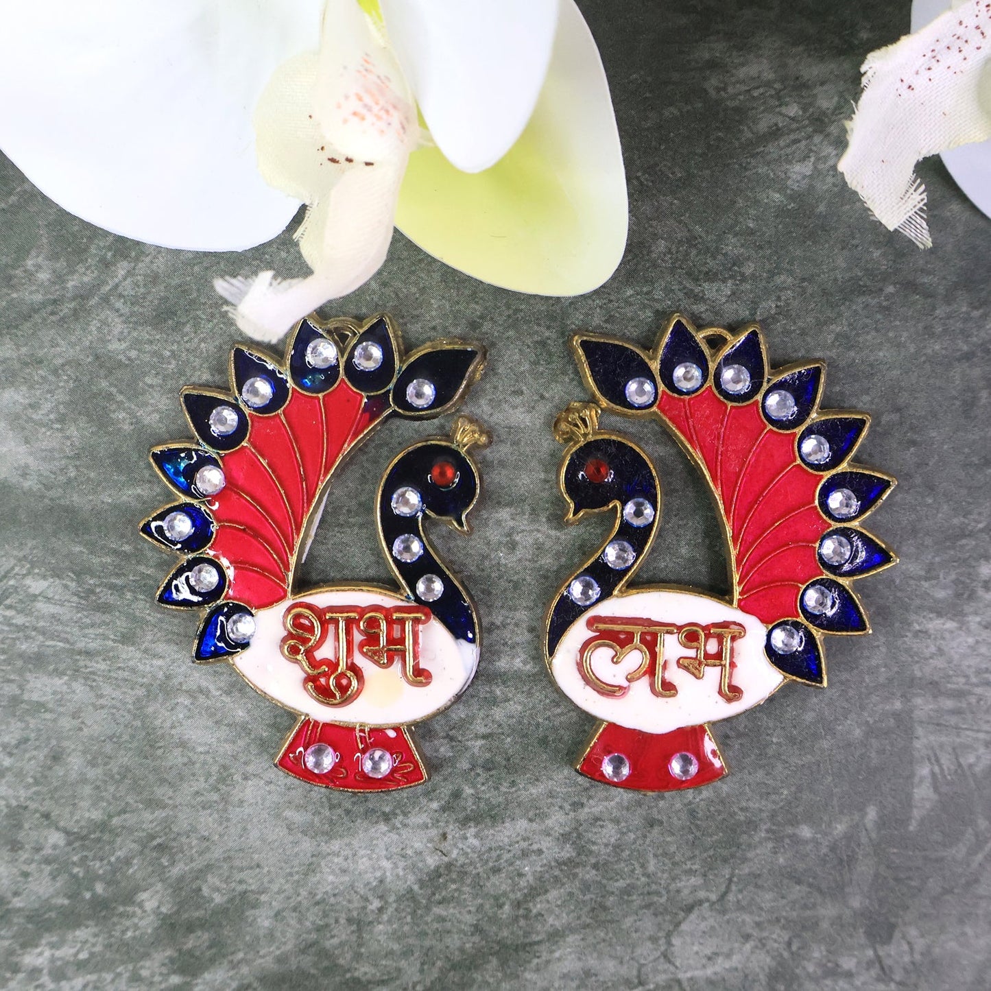 Decorative Peacock Design Shubh Labh Wall Hanging (2 Pc)