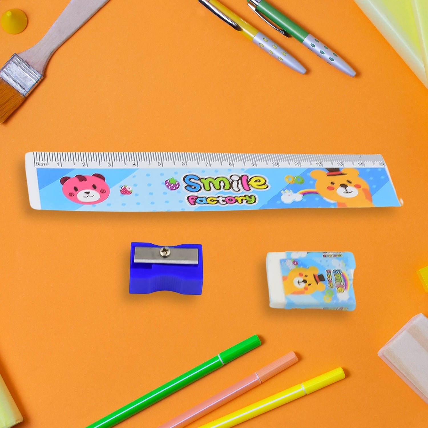 Cartoon-themed pencils with eraser and sharpener