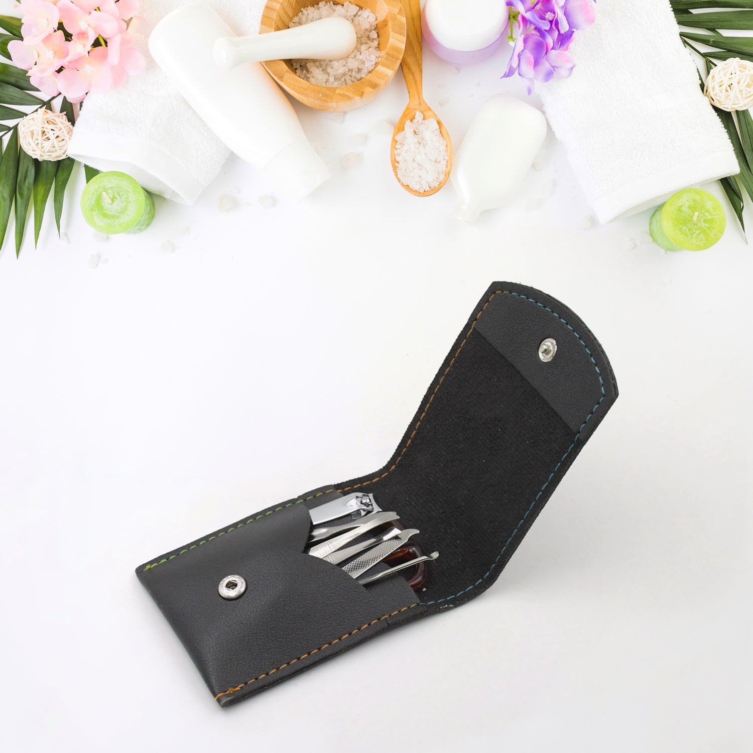 Manicure tools with beautiful leather travel case