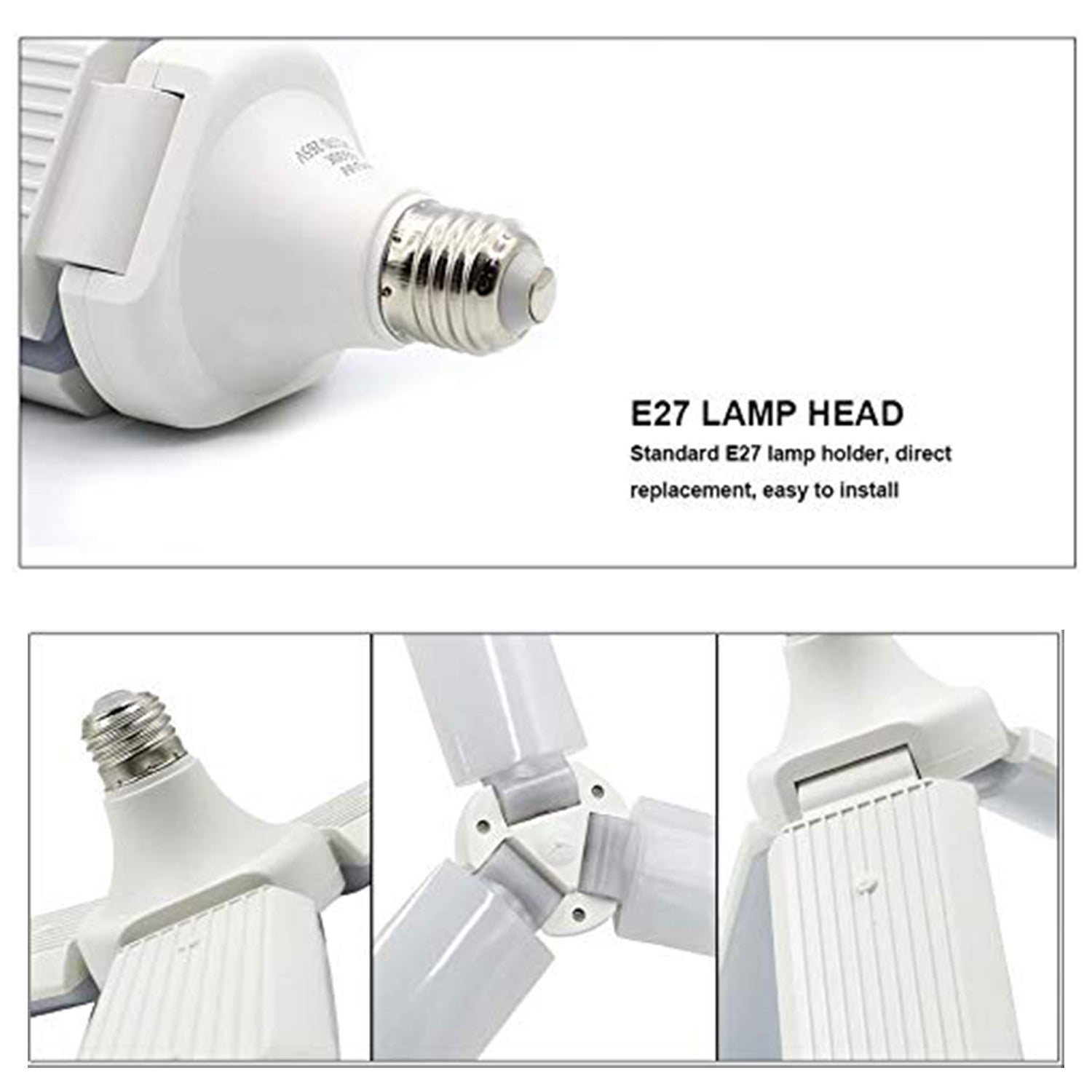 Side view of adjustable LED light bulb with fan blades, demonstrating its functionality.