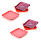 Variety of colorful square plastic plates.