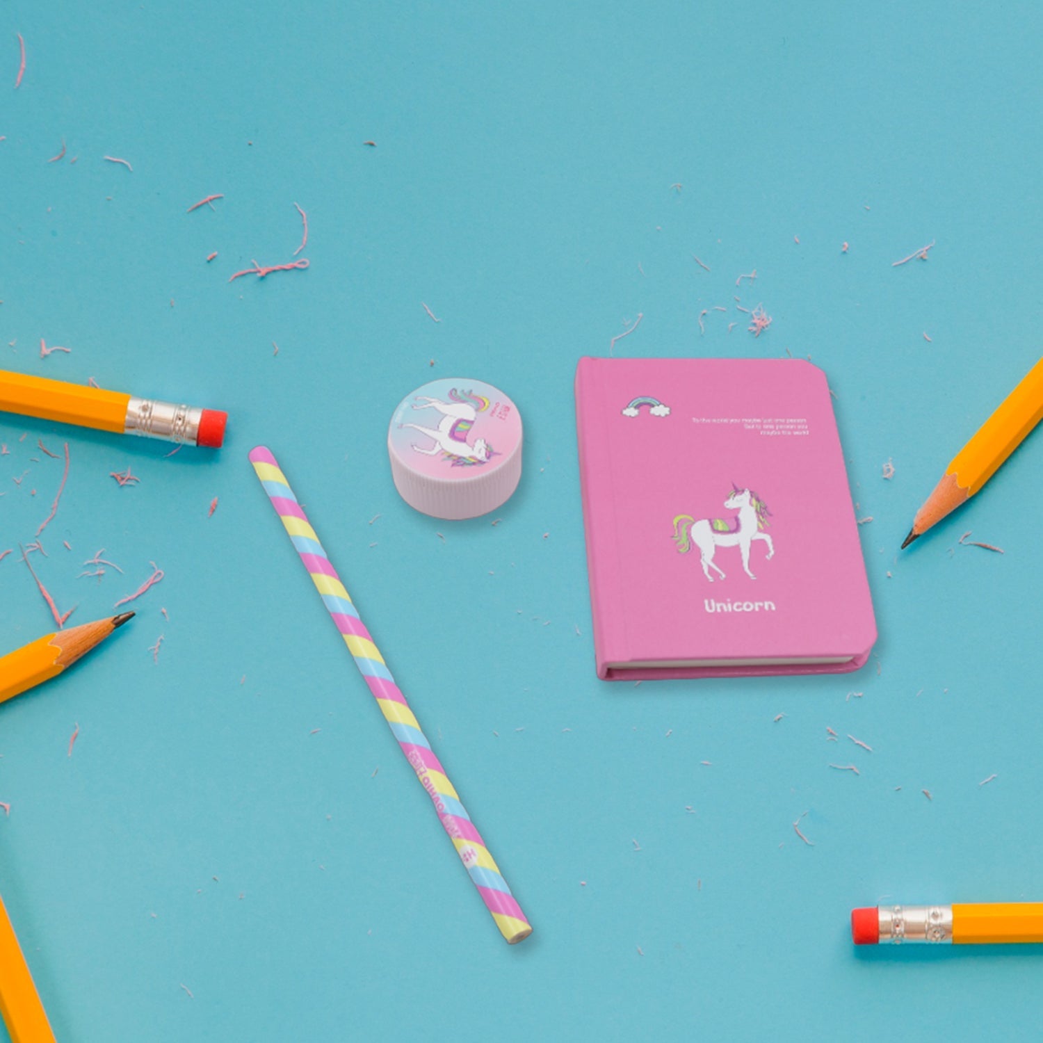 Unicorn diary and stationery set, including sharpener and unique erasers for creative kids.