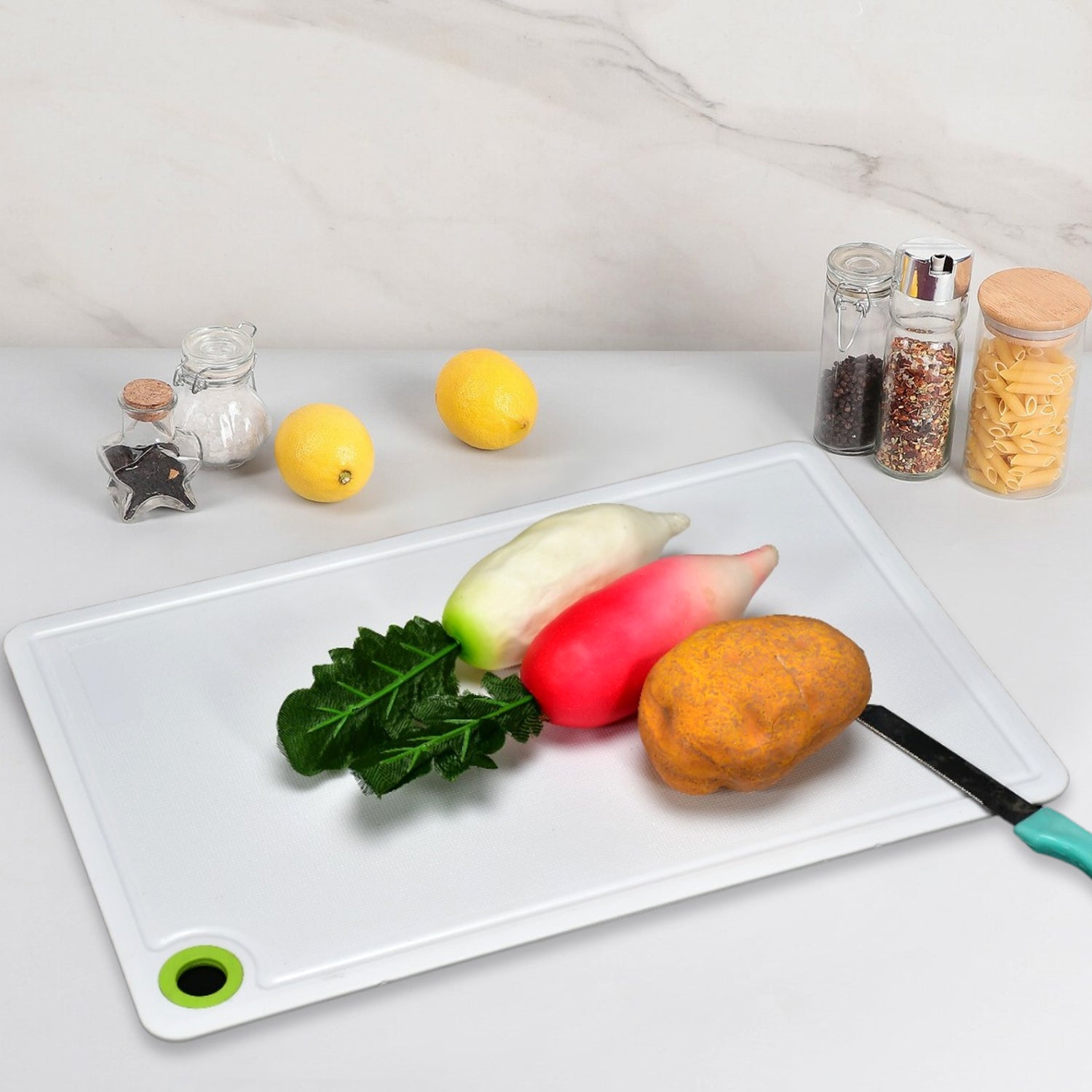 Handy plastic chopping board for kitchen tasks