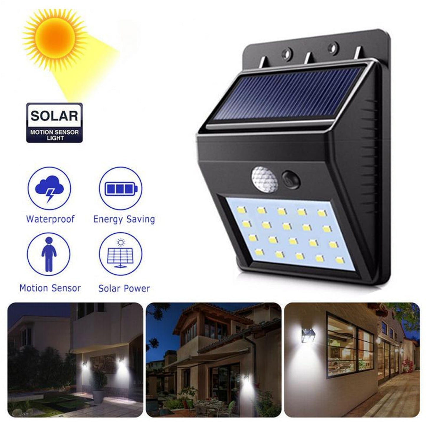 Solar-powered LED security light for outdoors.