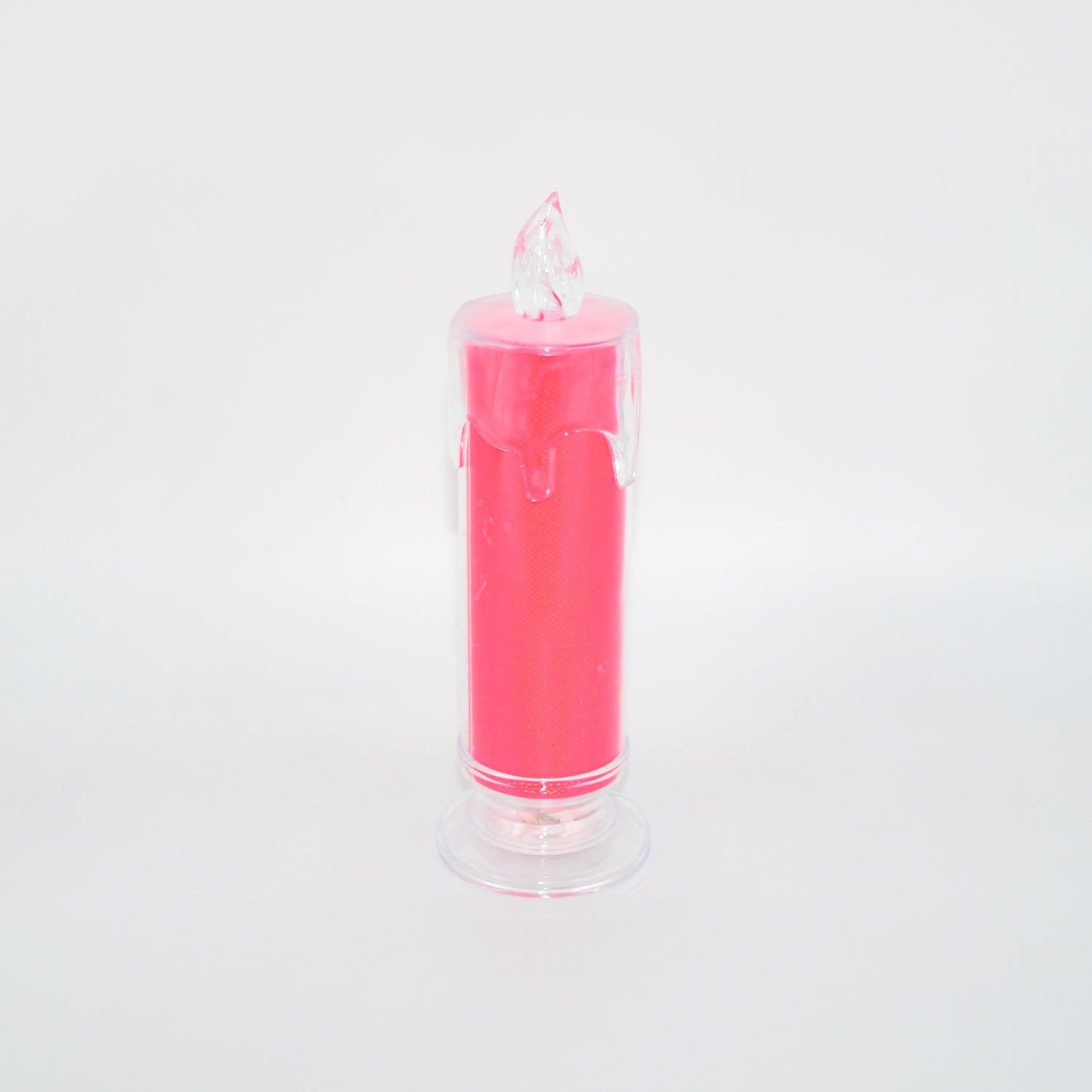 Detailed view of red LED flameless candle, highlighting its flickering light effect.