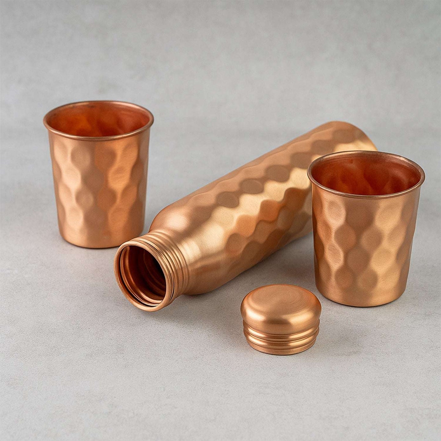 Diamond Cut Copper Water Bottle 2 Glasses with Gift Box (3 Pcs Set)