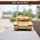 Toy army tank, pull back action, side view