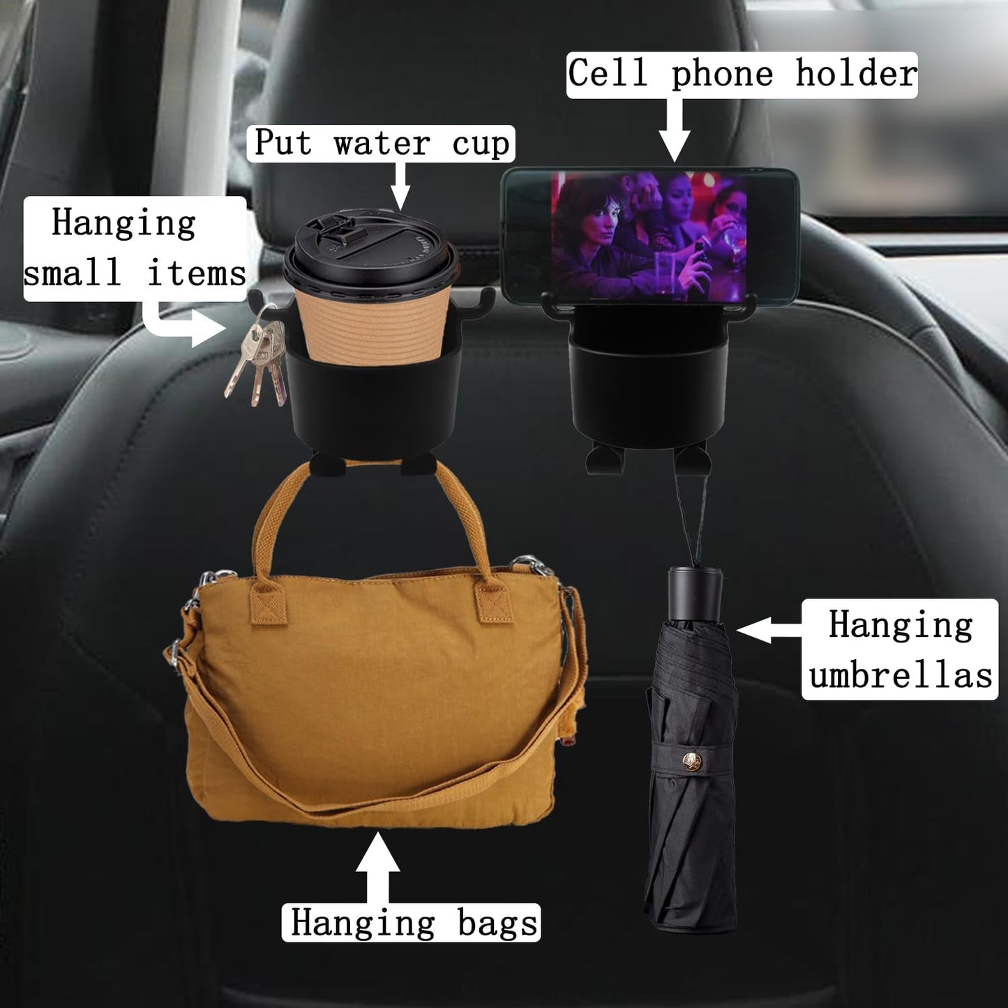 Car Headrest Backseat Organizer, 3 in 1 Automotive Cell Phone Drink cupholder Adapter with Headrest Hooks for Kids and Adults, Multifunctional Storage for Car Travel Accessories