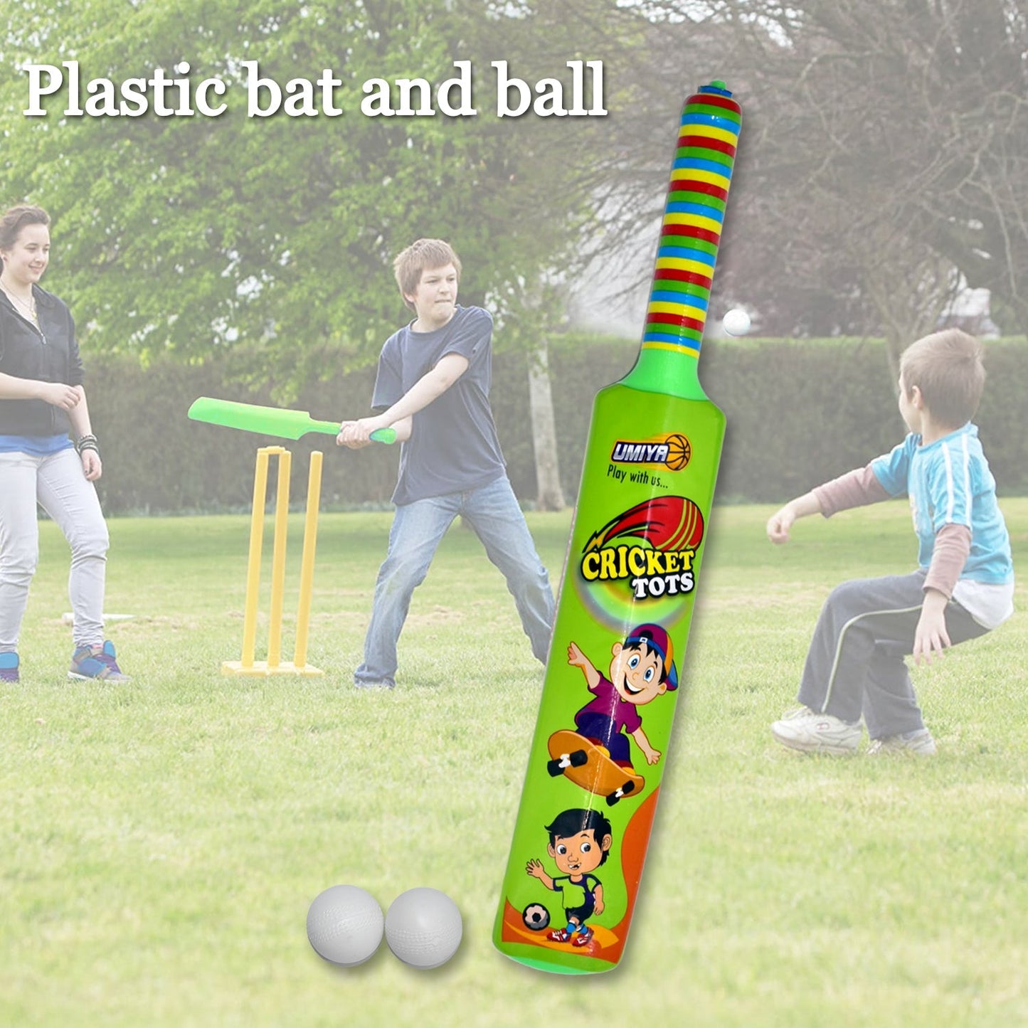 Children playing with lightweight plastic bat, ball, and hockey set