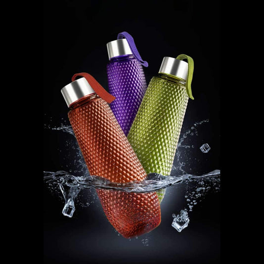 Three-piece plastic water set with steel capped bottles, 1 liter capacity