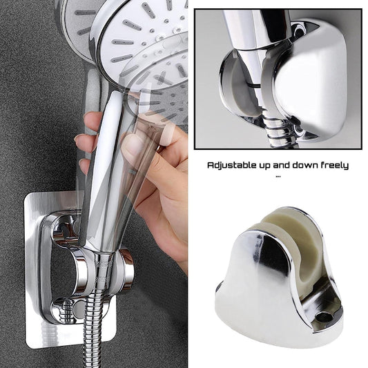 Adjustable bathroom shower holder with fixing screws, versatile and easy to install.