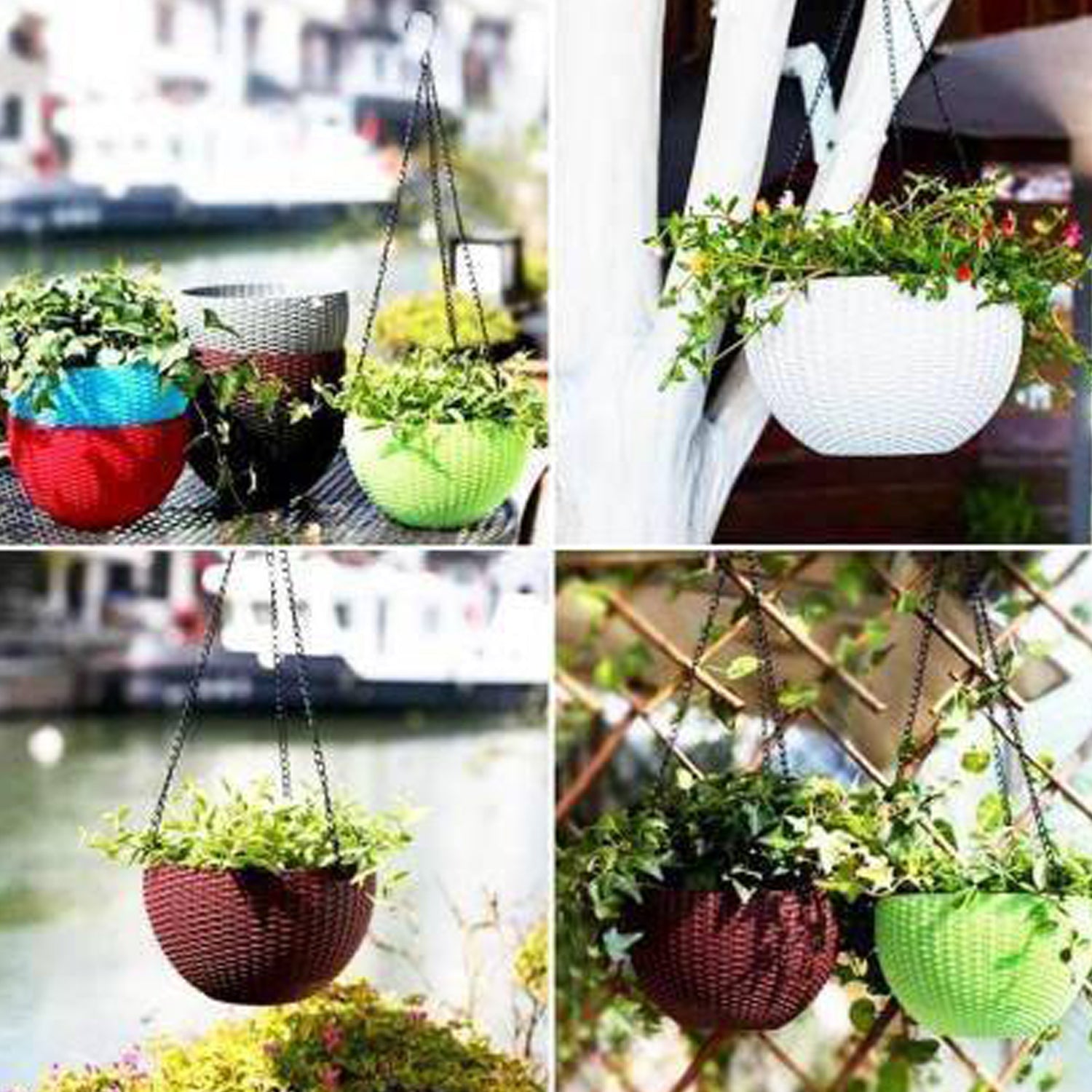 Set of six hanging flower pots with chains.