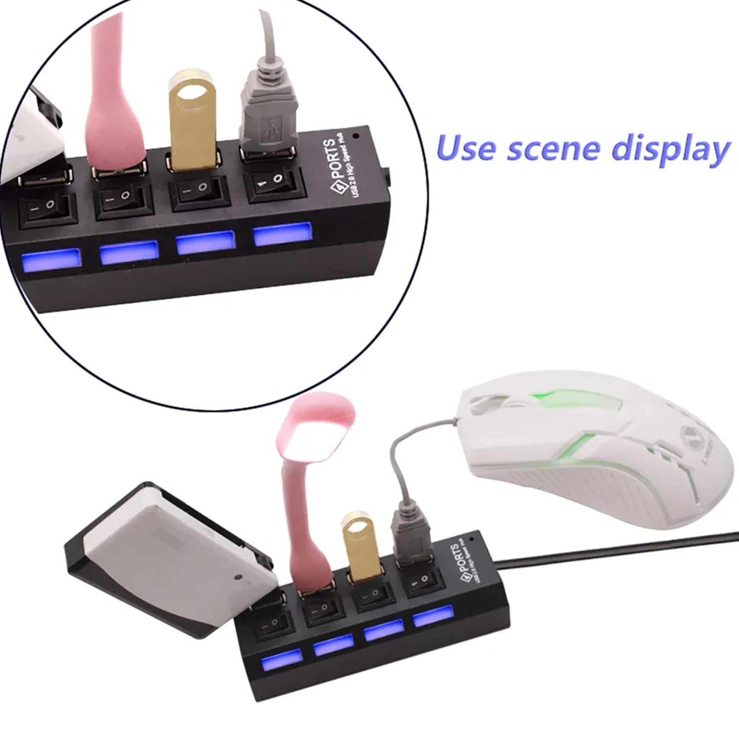 4-port USB hub with individual switches and LED indicators