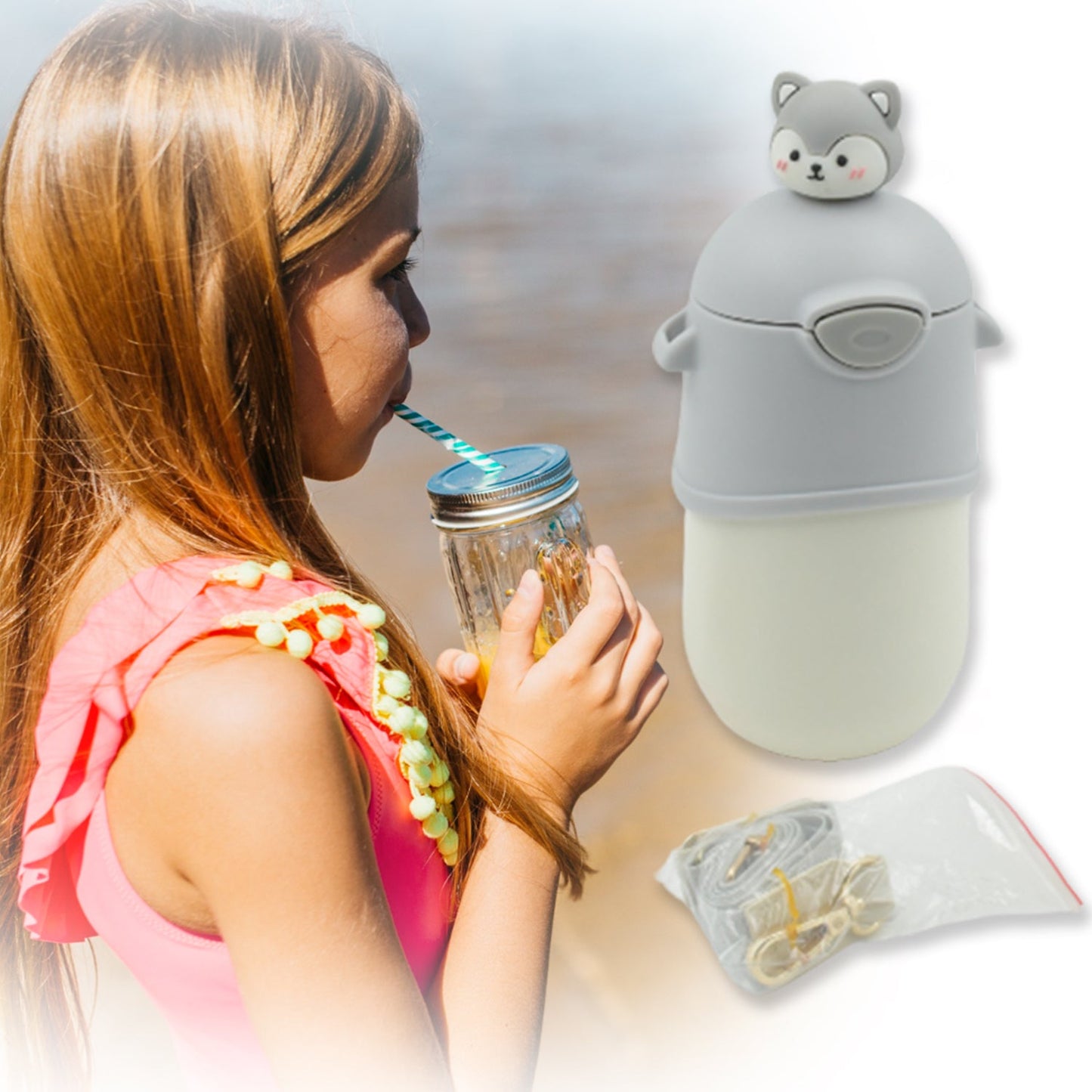 6685 Water Bottle 500ml With Dori and Hook Easy to Carry & Straw Cartoon Vacuum Flask Thermal Stainless Steel Portable Sealed Bear Water Bottle for Gifts Water Bottle for Gifts for Outdoor/ Office/Gym/School (500 ML)