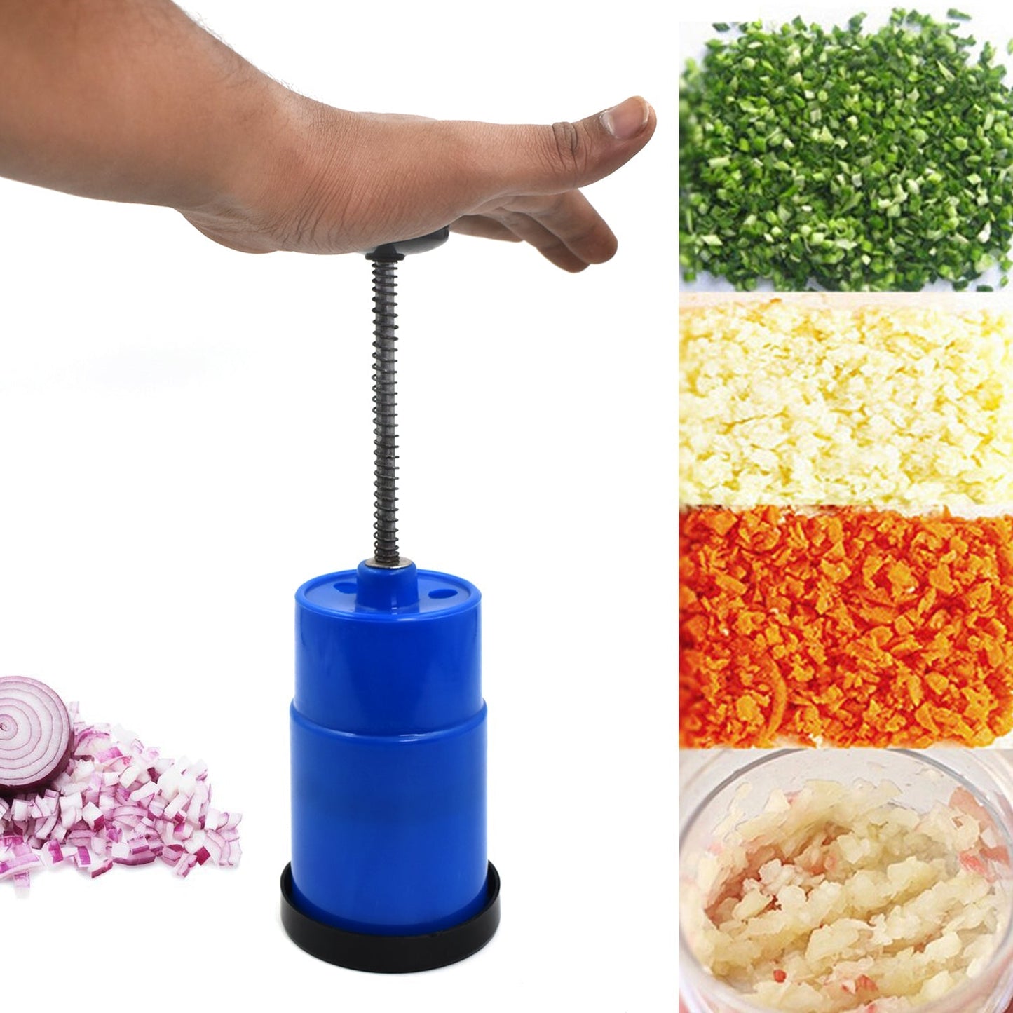 Hand press vegetable chopper, easy onion cutting tool.