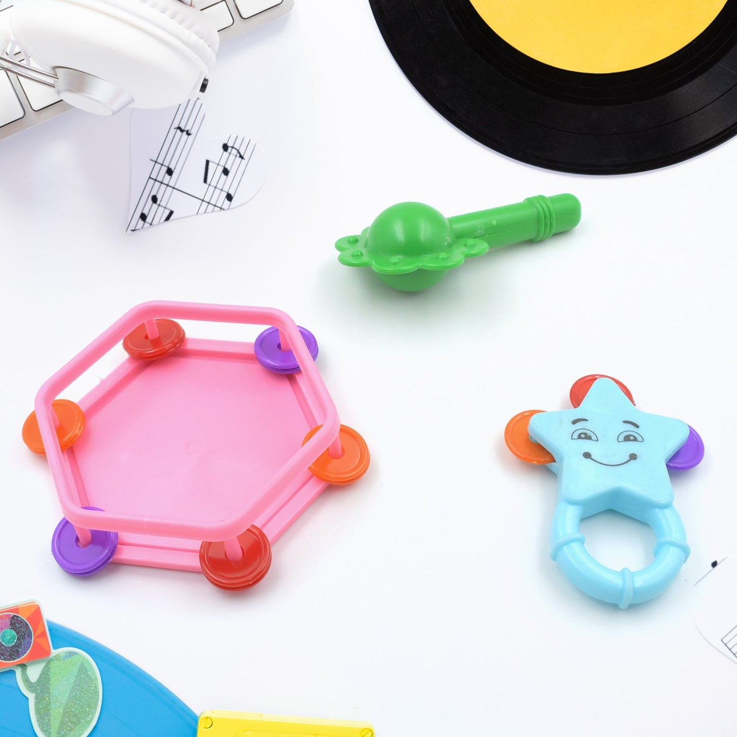 Top view of Khanjari baby toy, highlighting its bright colors and musical features.