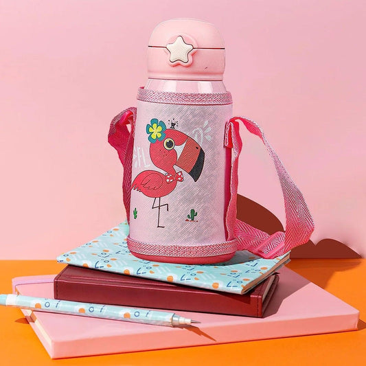 Love Baby Cute Animals Prints Kids Bottle Sipper for HOT N Cold Water, Milk, Juice with Bottle Cover, Cup, Zip Pocket & Straw to Keep Things Orange Green Pink Colors for Outdoor / Office / Gym / School (600 ML)