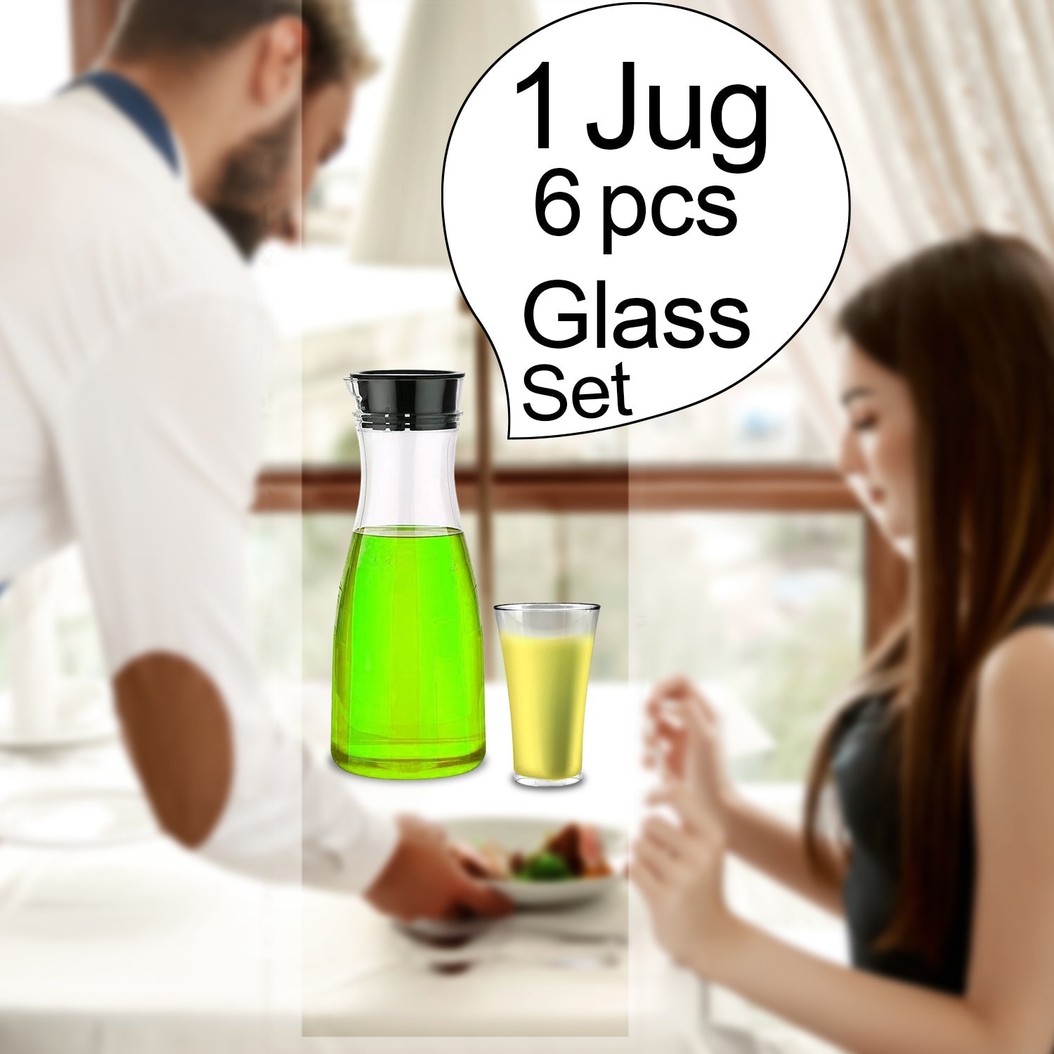 Set of transparent jug and 6 glasses, ideal for restaurants, offices, and dining tables.