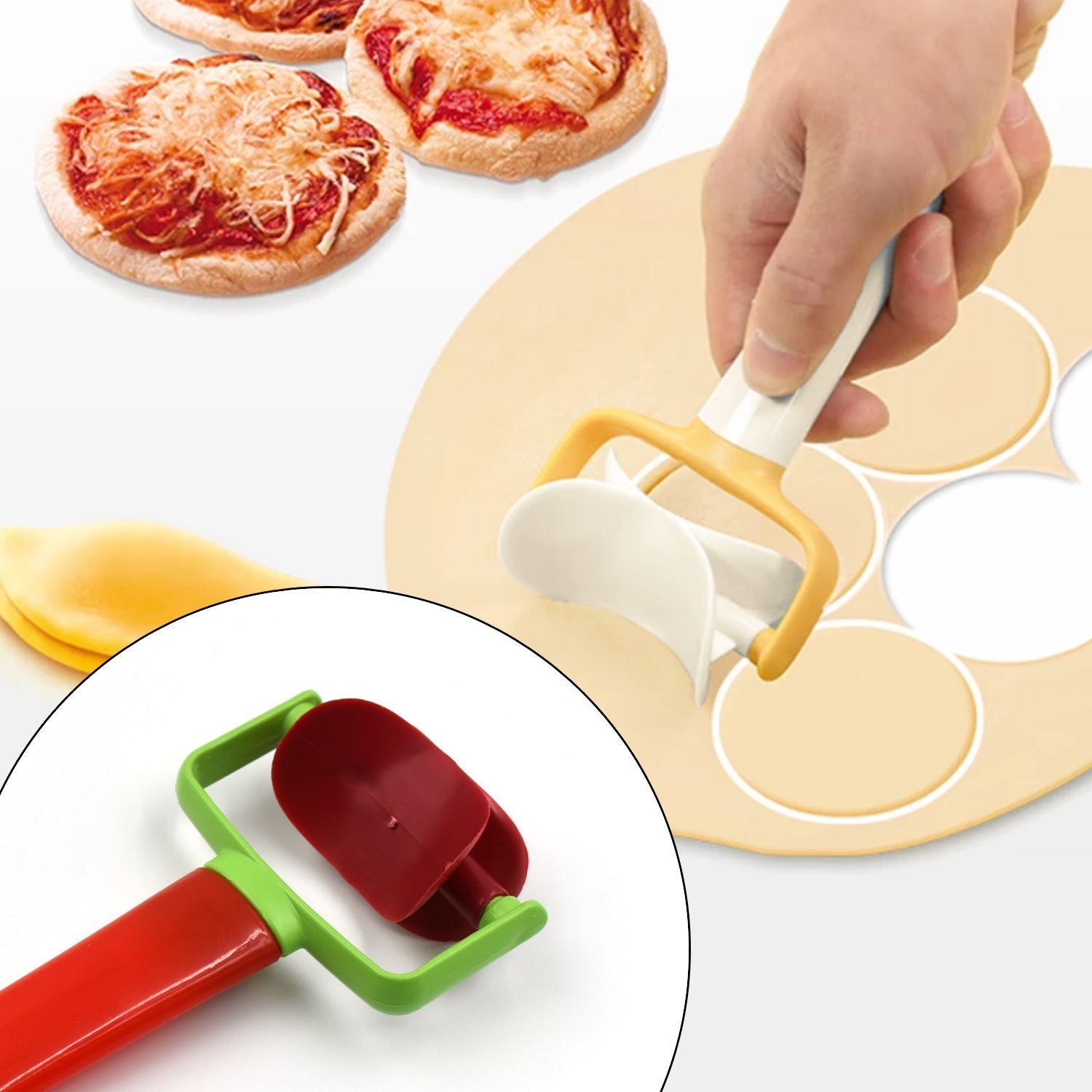 Rolling cutter tool for cutting cookie dough in kitchens and homes.