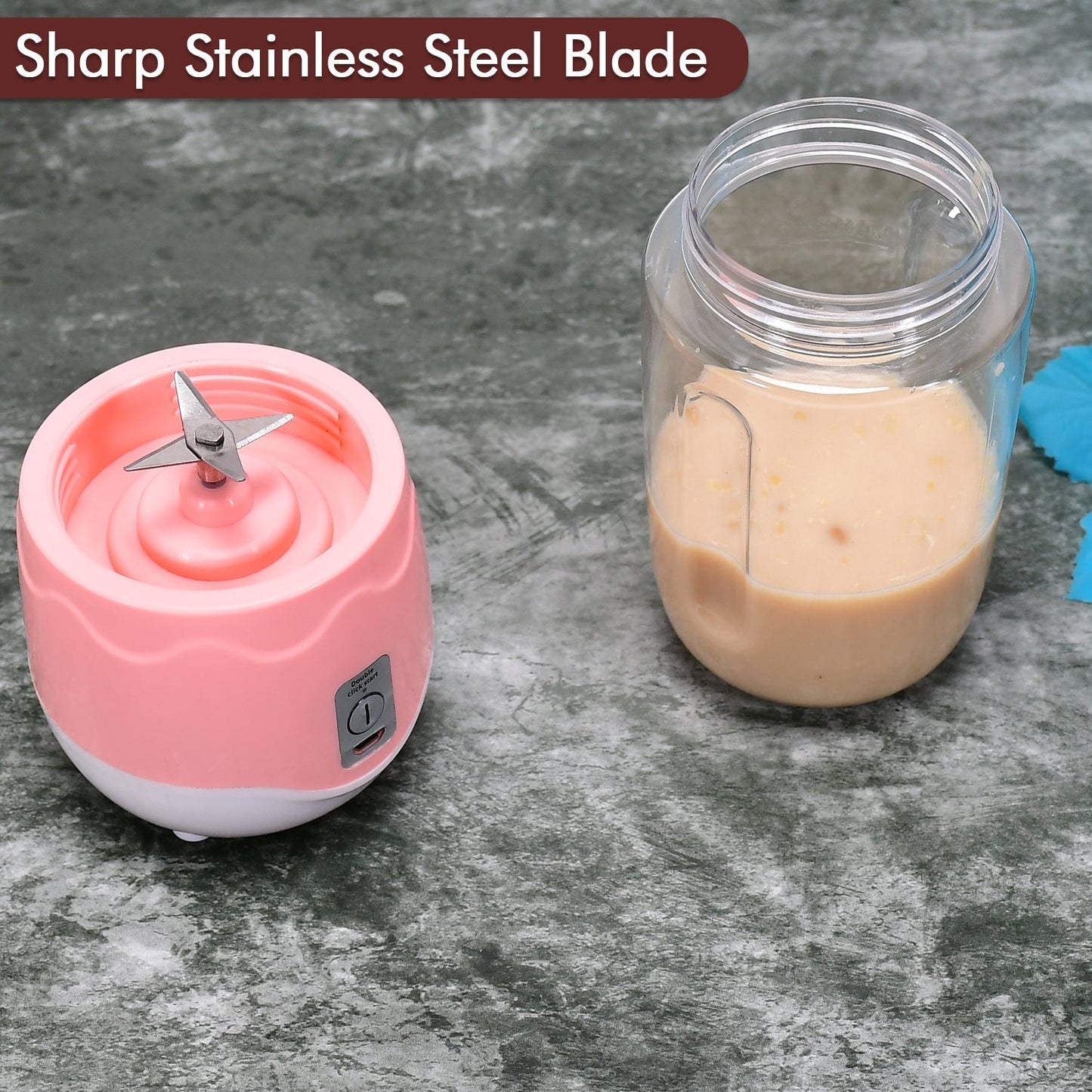 Handheld blender for quick fruit shakes.