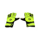 Detailed view of football goalkeeper gloves with protection features