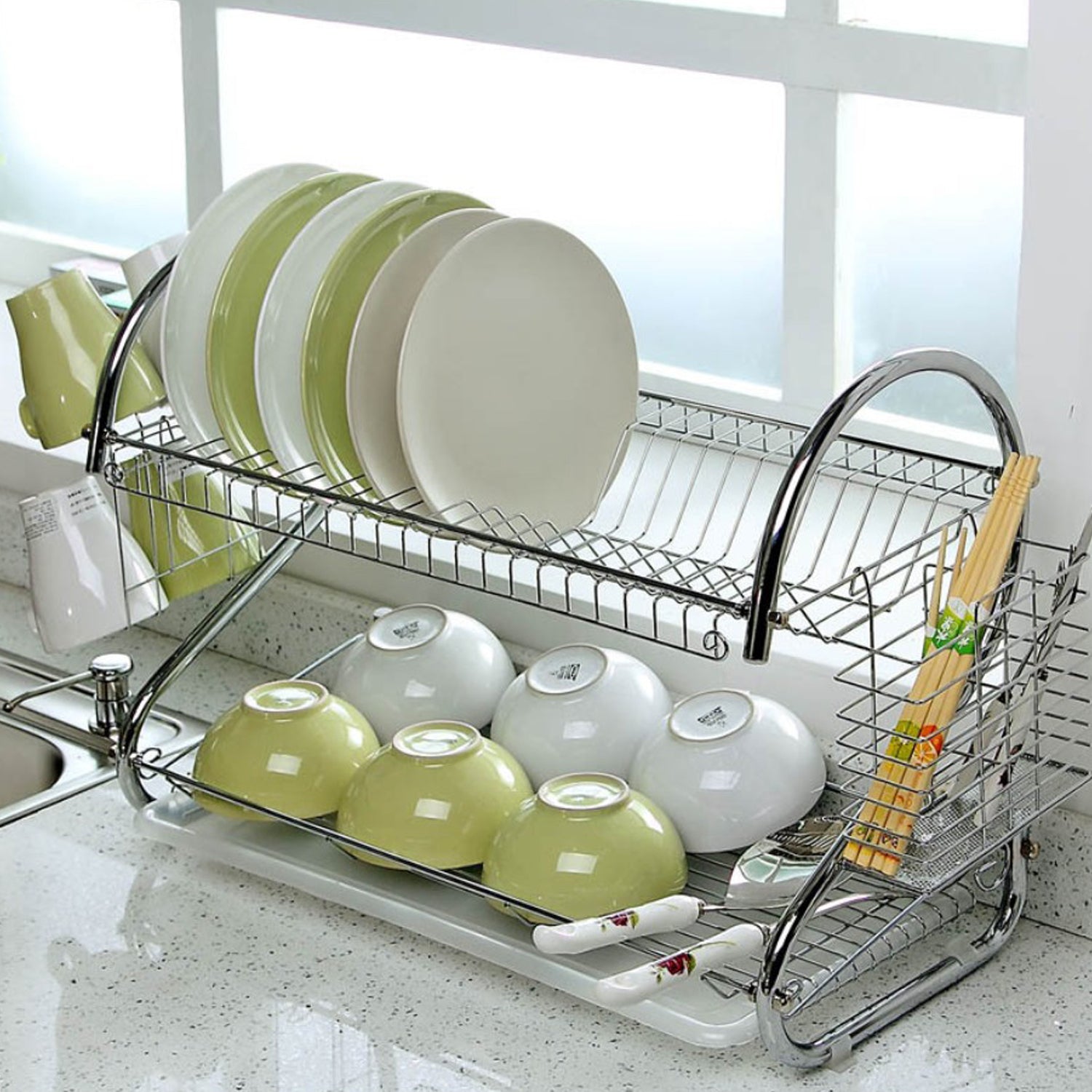 2-layer stainless steel kitchen dish rack, ideal for plates and cutlery