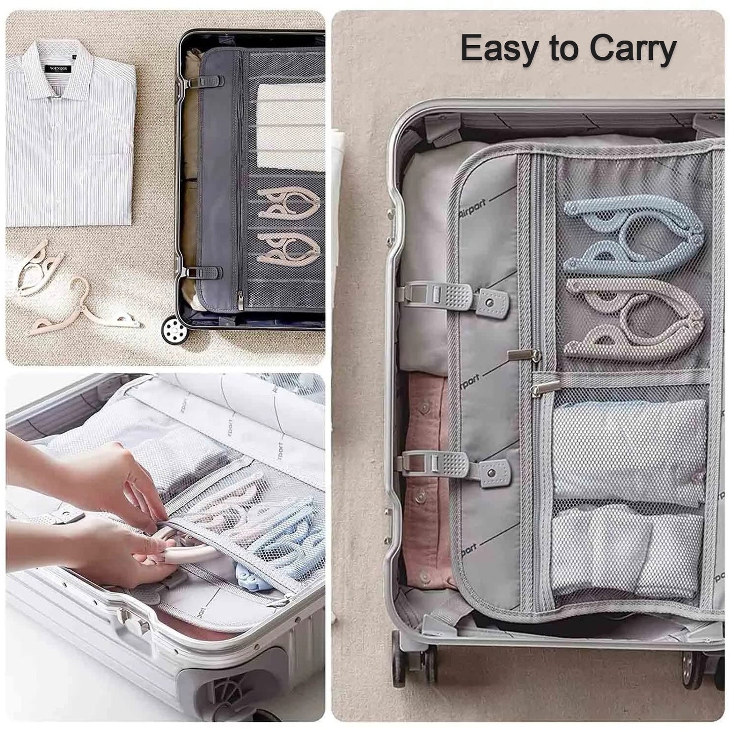 Portable clothes hangers for various garments, foldable and convenient for travel.