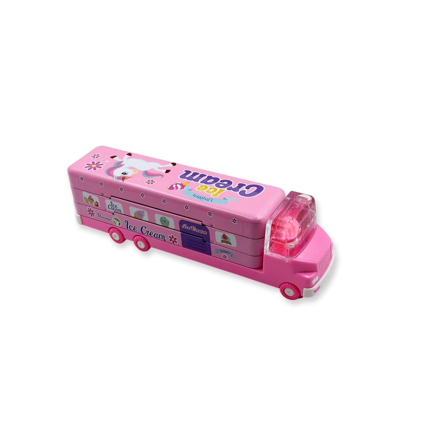 4568  Double Decker Magic Truck Compass Multi Level Metal Truck Compass Pencil Case with Movable Wheels & Sharpener (Mix Design)