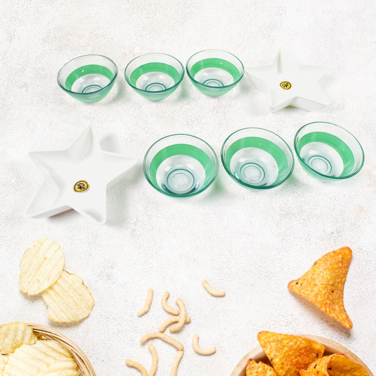 Star Station High Quality 6 Pc Glass Bowl & 2 Pc Plastic Star Shape Snack Bowl Set (8 Pcs Set)