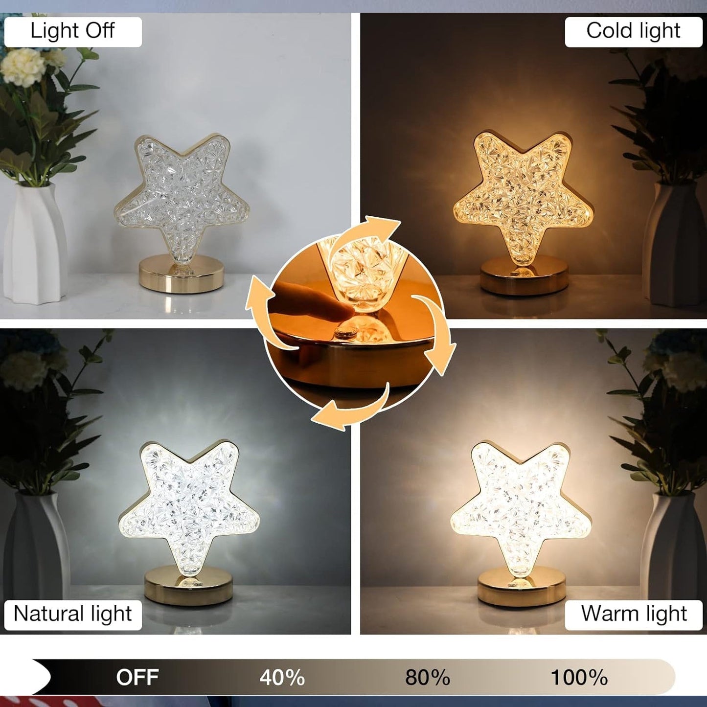 Star Shape Crystal Diamond Lamp Cordless Luxury Lamp with USB Rechargeable, 3-Way Dimmable & Touch Control Decorative Nightstand Lamp for Bedroom, Living Room, Party, Restaurant Decor (1 Pc )