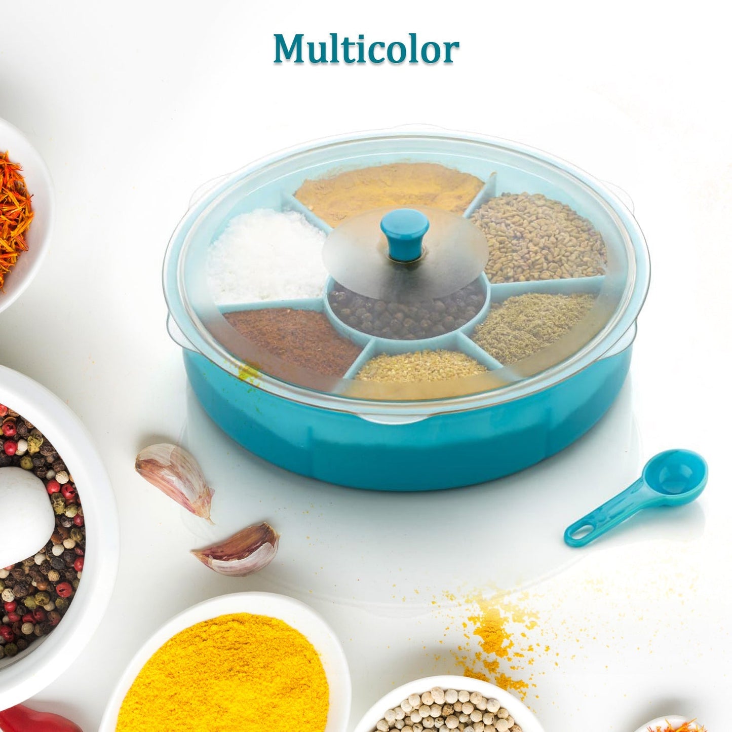 Multi-compartment dry-fruit and spice box with spoon